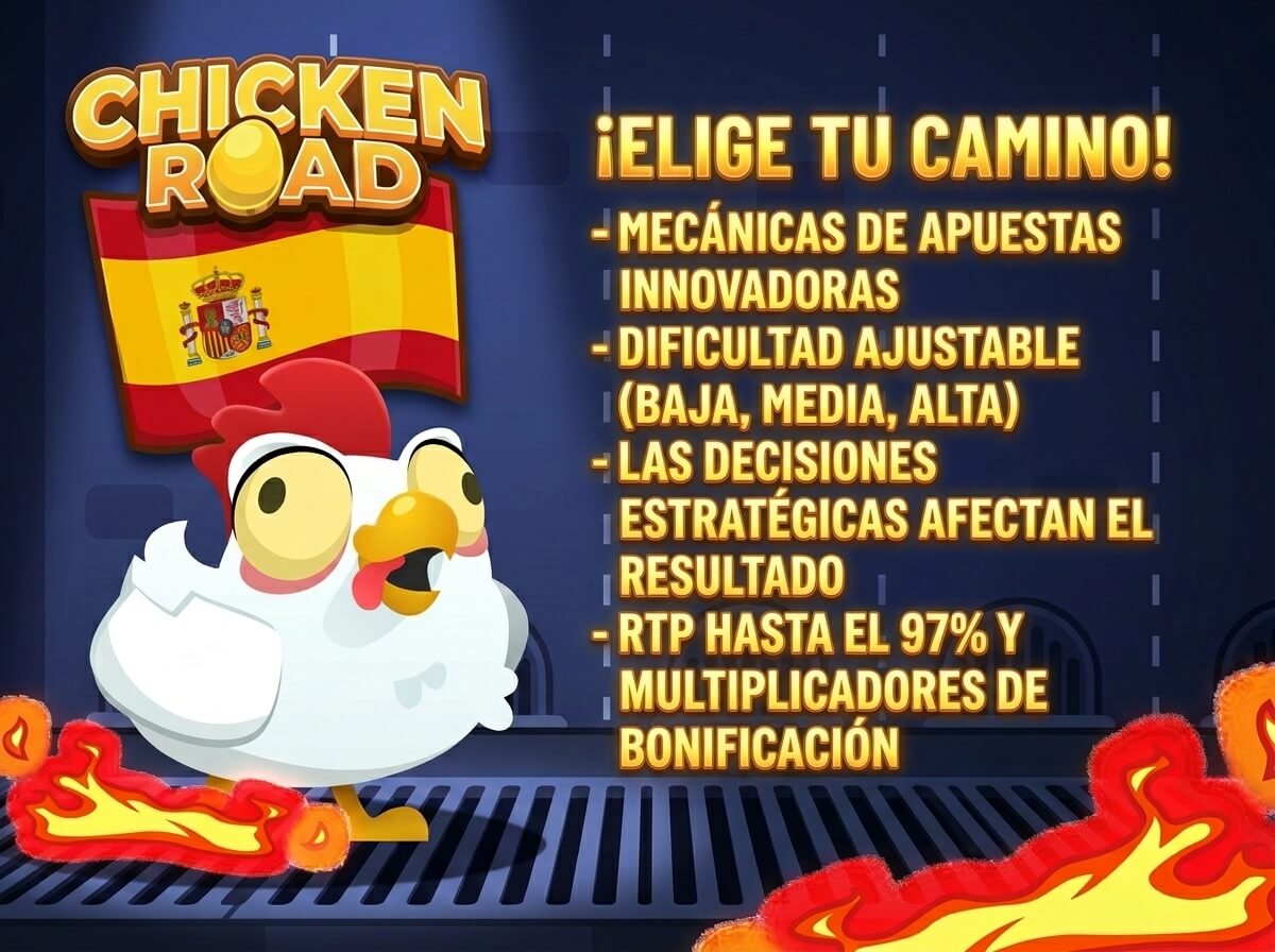 El texto resalta mecánicas de apuestas innovadoras, dificultad ajustable (baja, media, alta), toma de decisiones estratégicas que influyen en los resultados y un RTP elevado de hasta el 97 % con multiplicadores de bonificación. Una bandera española y neumáticos en llamas enmarcan al pollo.